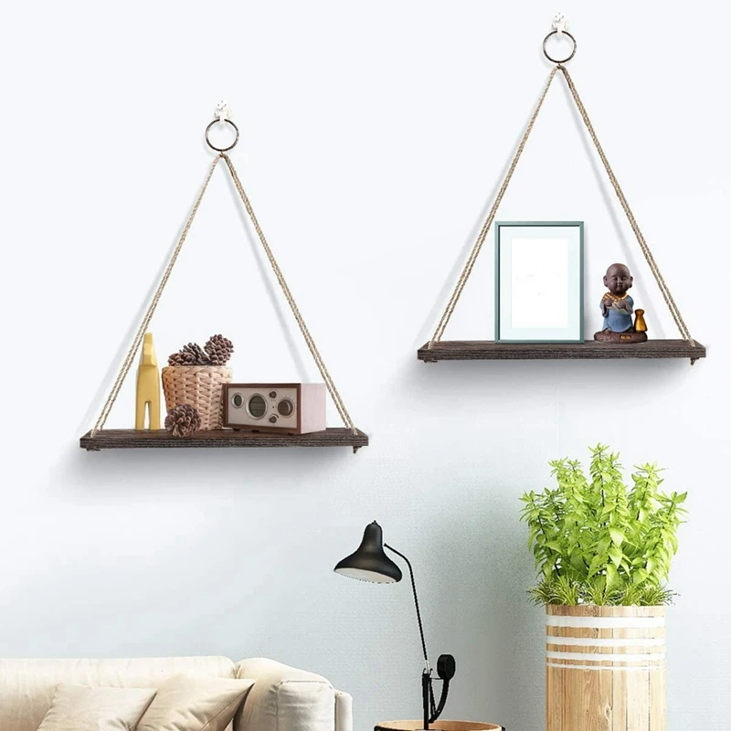 

Hanging Shelves Wall Mounted Wood Shelves with 2 Rings Lightweight and Durable Farmhouse Rope Shelves