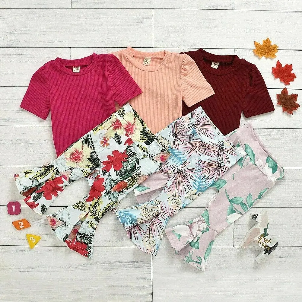 

Dropshipping 2Pcs Clothes Set Kids Baby Girl Floral Clothes Puff Sleeve Top Flared Pants Outfit Set