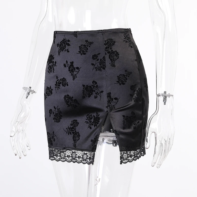 

Women Elegant Flocking Mini Skirt Sexy High Waist Lace Patchwork Split Short Skirts Vintage Gothic Clothes 2021Summer Streetwear