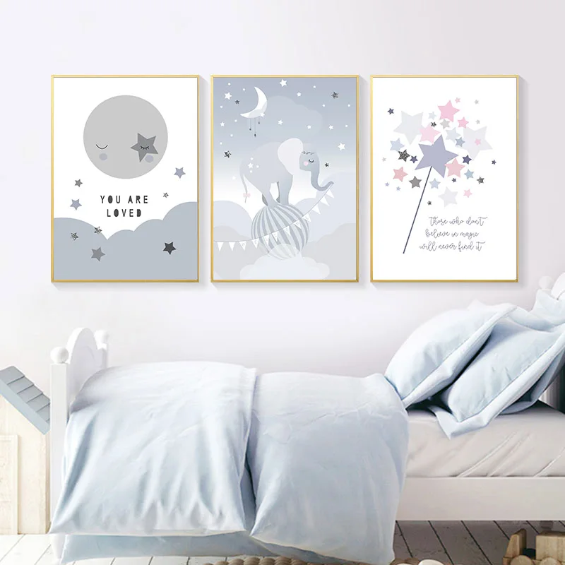 Мультяшный слон холст печать настенный художественный плакат детской лампы