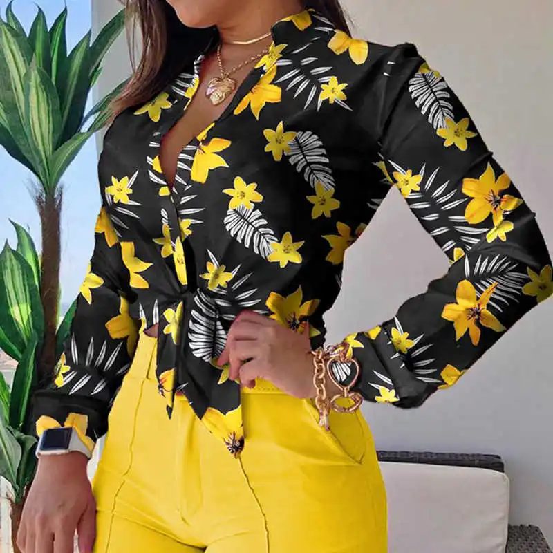 

Women Long Sleeve Floral Printed Tie Knot Top Blouse Casual Spring Shirts Female