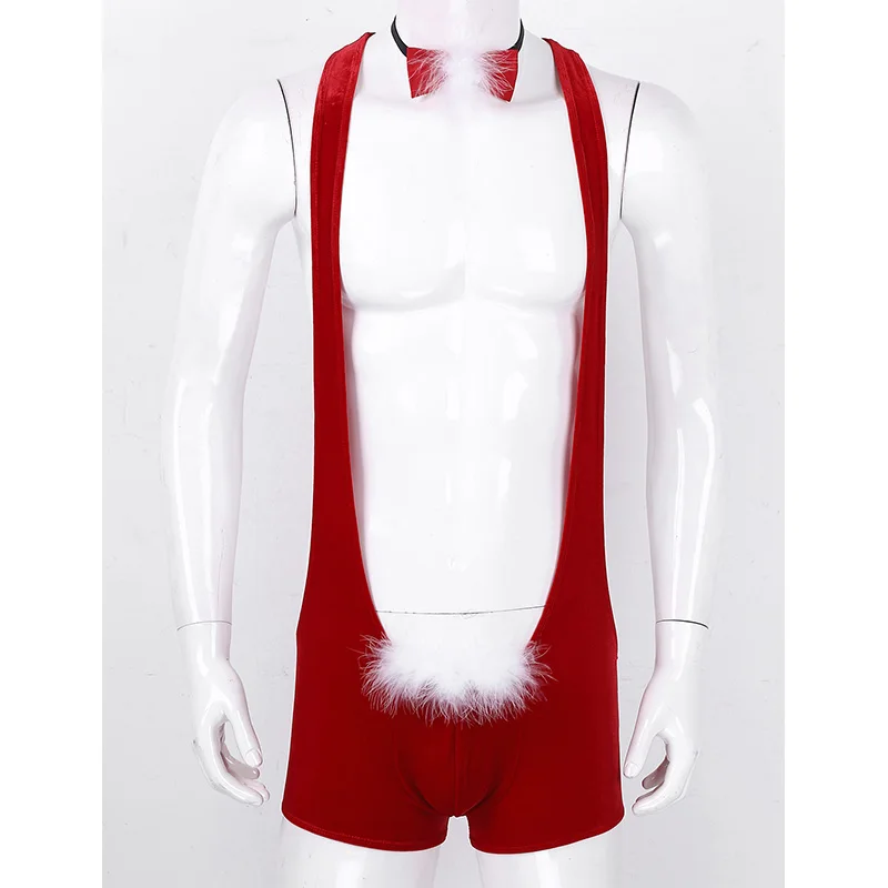 Men Red Soft Velvet Christmas Underwear Santa Cosplay Fancy Costume Singlet Sexy Mankini Boxer with Bowtie Male Xmas Underpants