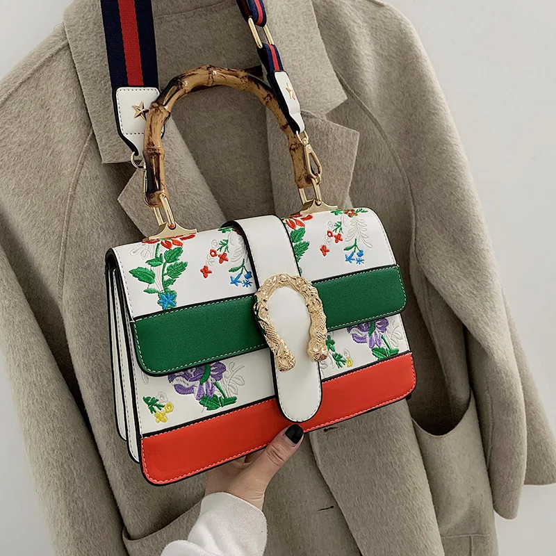 

Bamboo Festival handbag 2021 new embroidered flowers large double compartment wide shoulder strap stiletto shoulder bag