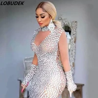 shining big rhinestones turtleneck short dress prom evening party sexy transparent mesh outfits see through crystal stones dress
