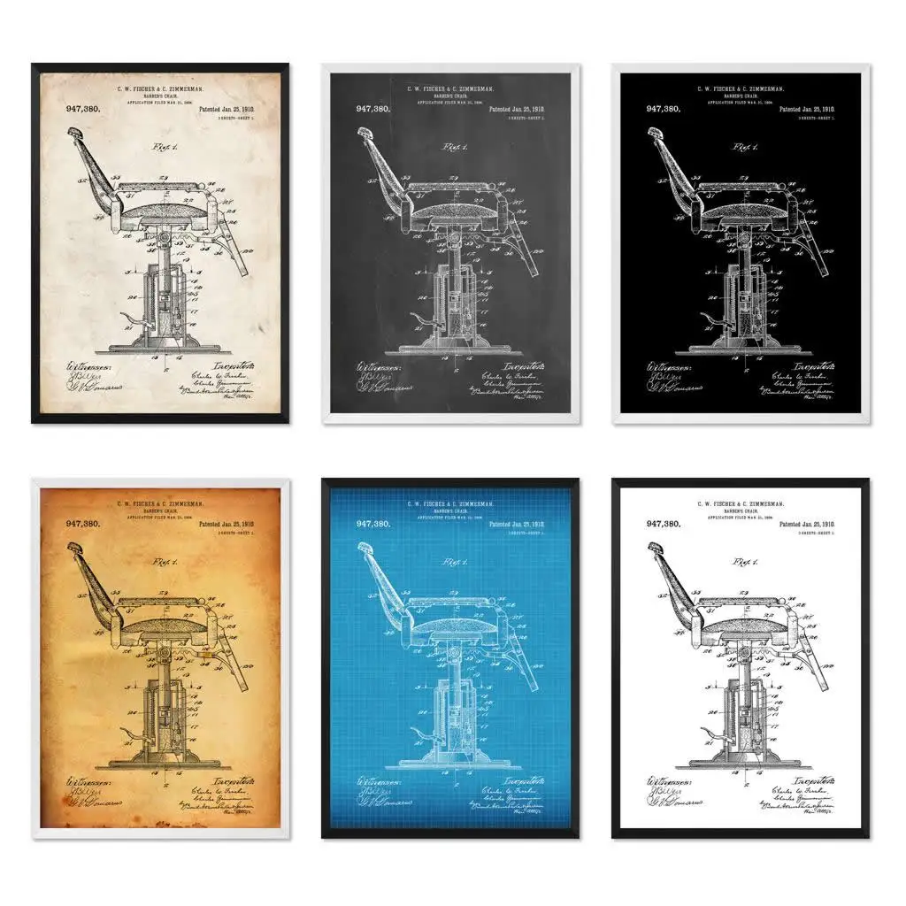Винтажный парикмахерский стул 1910 запатентованный дизайн парикмахерской. Постер