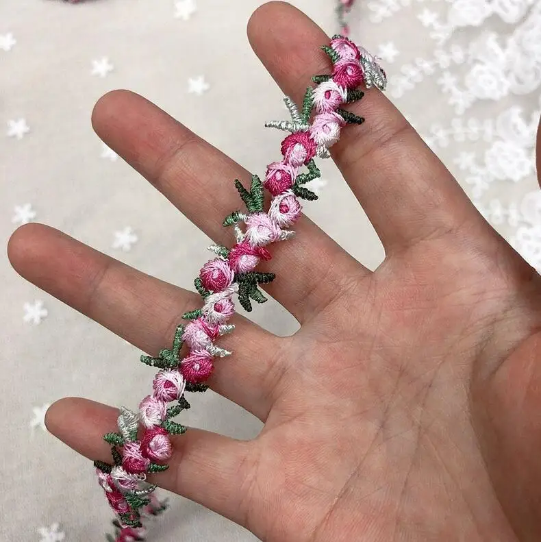 Лента кружевная с вышивкой в виде листьев из полиэстера 2 ярда розовая красная