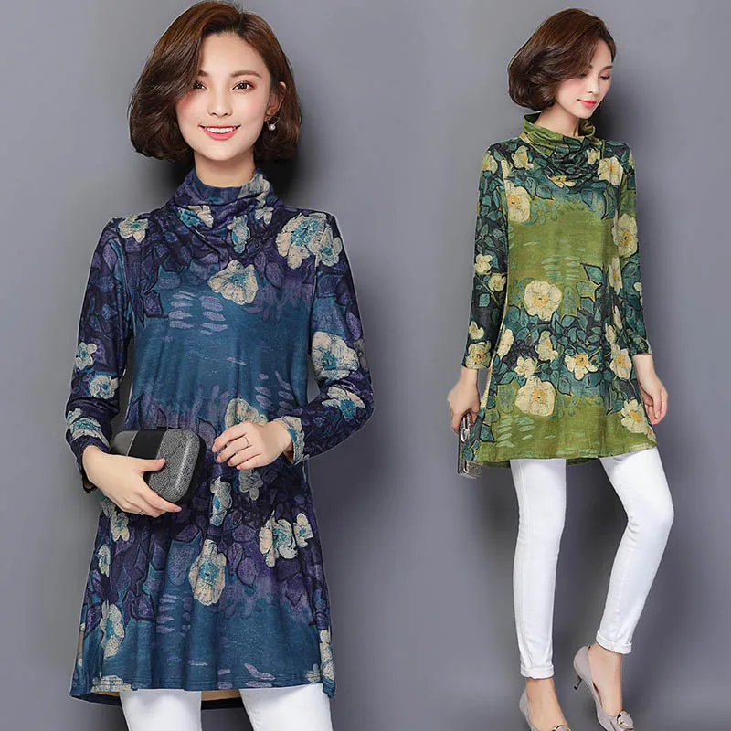 Большие размеры длинная туника блузка для женщин Осень зима 2019 цветочный принт