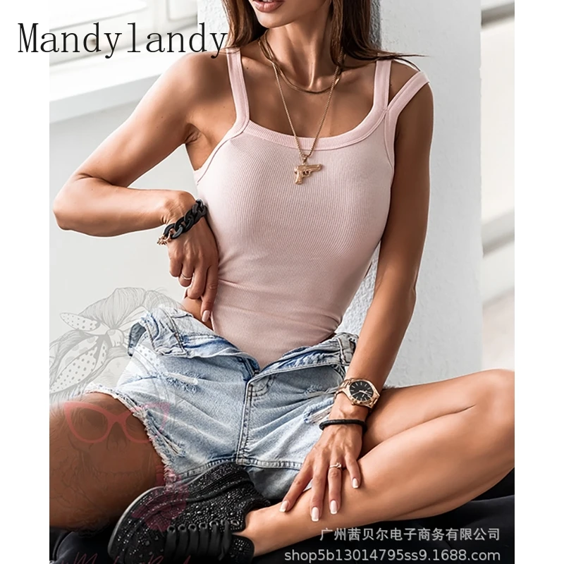 

Mandylandy Bodysuits Summer Sexy O-Neck Spaghetti Strap Backless Bodysuits Women's Casual Solid Color Slim High Waist Bodysuits