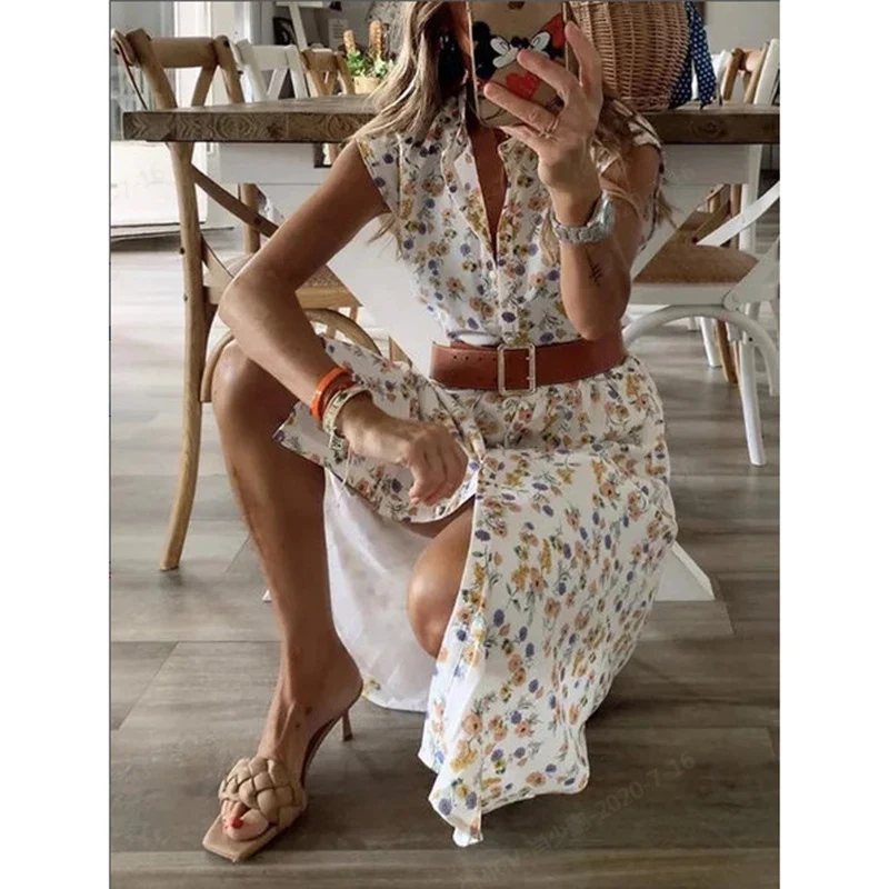 

Women's Dress French Small Fresh Print Split Dress Medium Length Floral Skirt