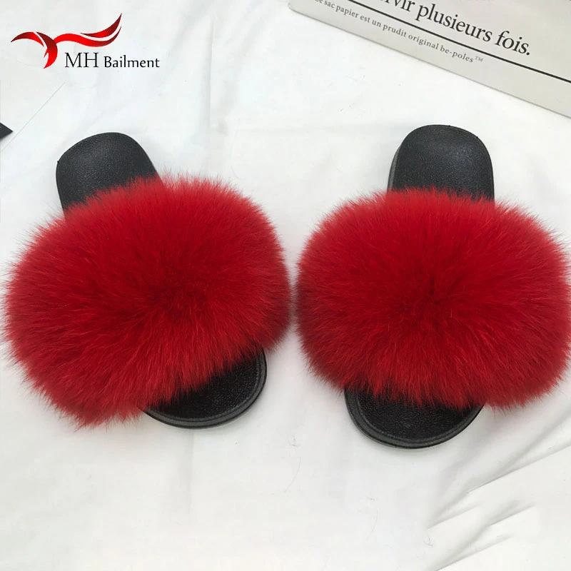 Женские меховые шлепанцы сланцы из натурального Лисьего меха Нескользящие для