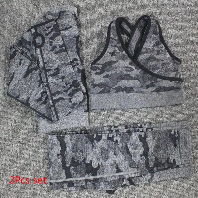 Black 3Pcs Set Камуфляжной расцветки, Yoga 3 шт. набор бесшопное кроп топ с длинными рукавами+ леггинсы, спортивный бюстгальтер+ Для женщин леггинсы для пробежек, спортзала Высокая Талия спортивный костюм для фитнеса - Цвет: Black 3Pcs Set