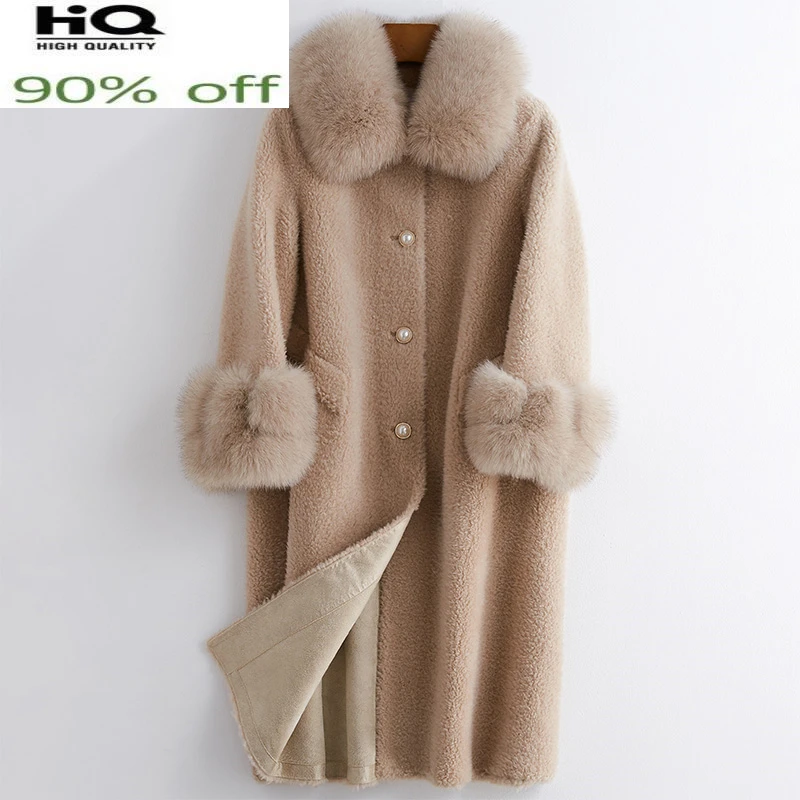 

Real Fur Coat Female Winter Natural Fox Fur Collar Jacket Women Korean Long Sheep Shearing Jackets 100% Wool Tops 241117