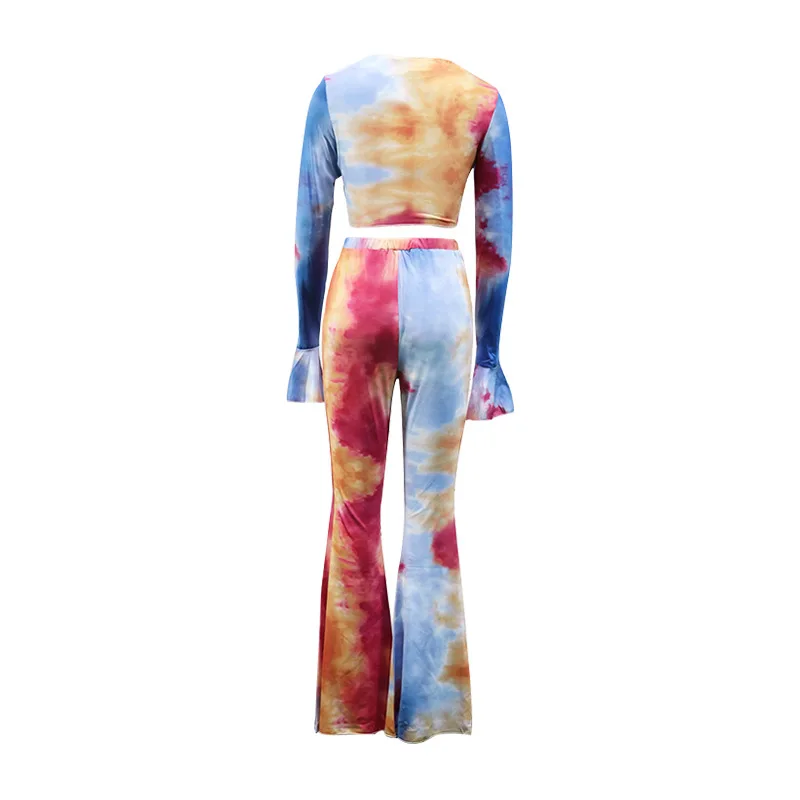 BAMBOOBOY Women's Fashion Sexy V Neck Slim Tie Dye Casual High Street Bodycon Fitted Two piece Set ZL1508