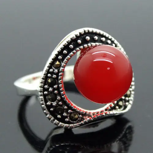 

wholesale Pretty 6mm Red Natural Stone Beads Inlay Marcasite 925 Sterling Silver Ring 7/8/9/10