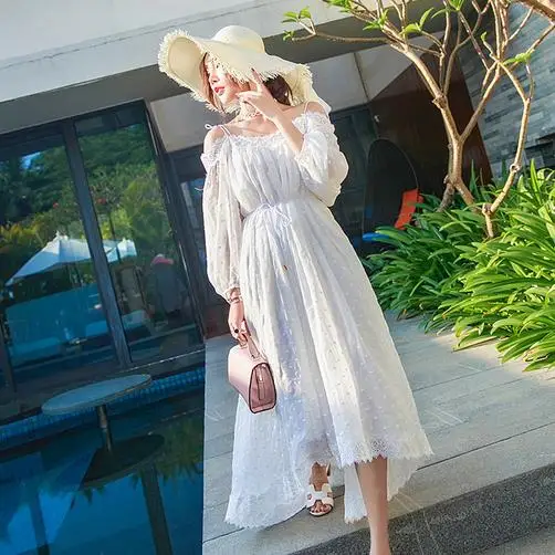Женское длинное кружевное платье белое с открытыми плечами лето 2019|Женские
