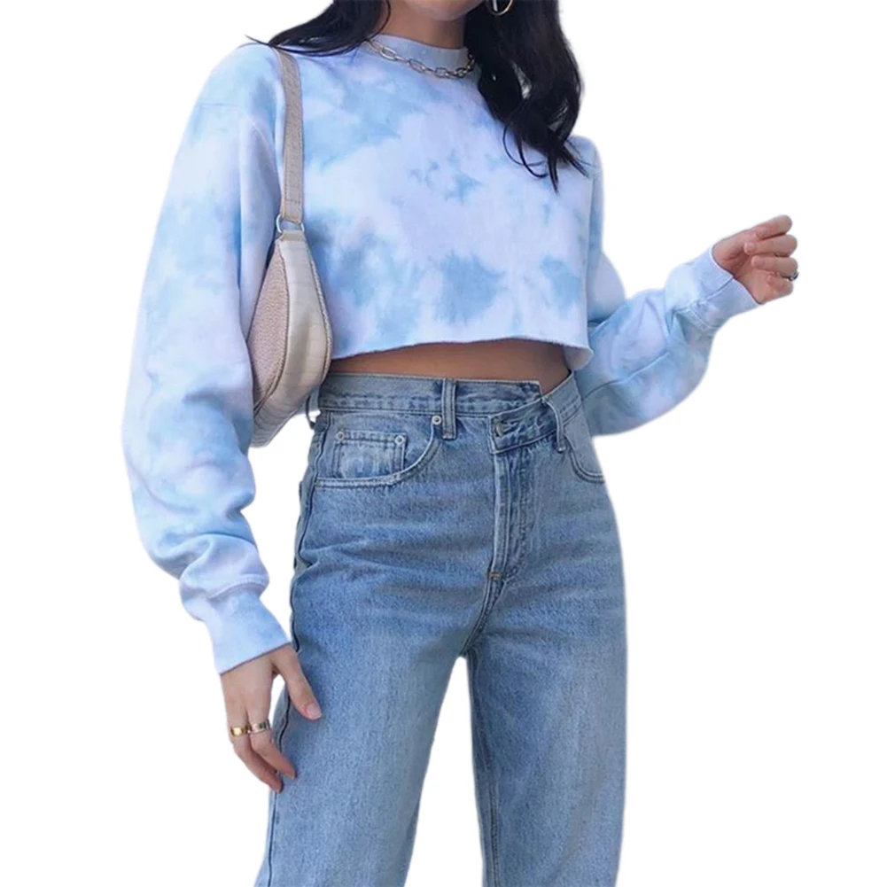 

Women Tie-dye Print Crop Top Fashion Long Sleeve Round Neck Loose Tops for Women Ladies
