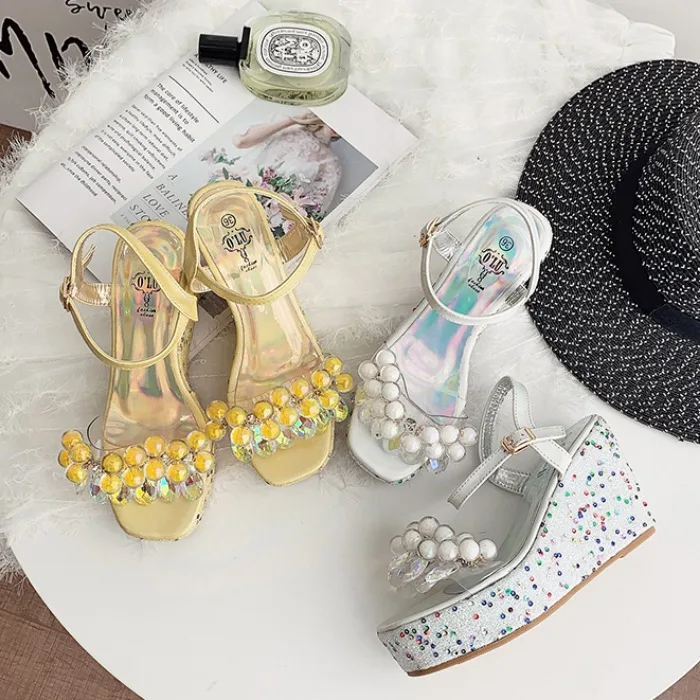 

Wedge Sandals For Women 2021 Comfortable Luxury Buckle Designer Summer Sexy Fashion Pearl Rhinestones High Heels Slippers Women