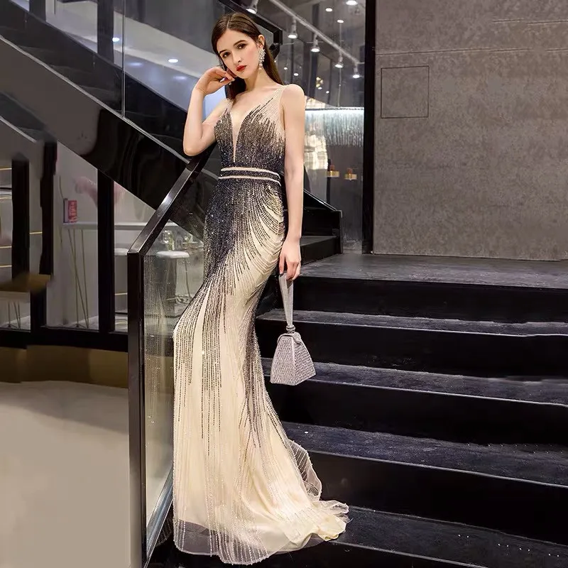 Sexy V-Neck Full Beading Mermaid Prom Dresses Natural Slim Waistline Tulle Ladies Elegant Party Evening Gowns Vestidos De Soiree