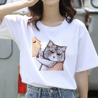 korean fashion women t shirt summer short sleeve o neck kiss a cat print daily casual kawaii cute t shirts fot girls ladies