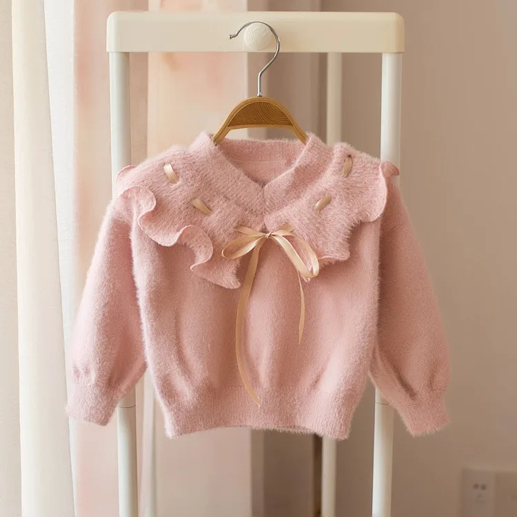 Pink Ruffles Осенний вязаный свитер с длинными рукавами и принтом любящего сердца для маленьких детей, Детский бархатный пуловер для девочек, джемперы - Цвет: Pink Ruffles