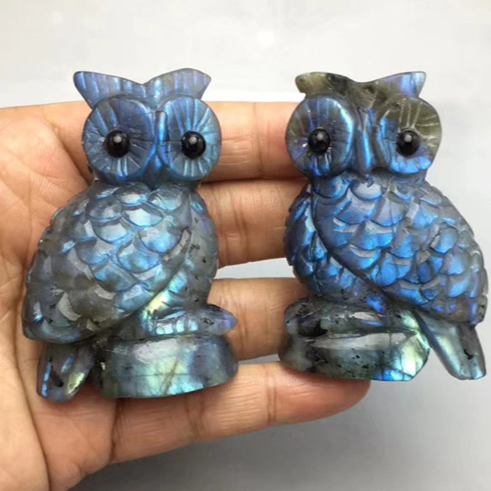 

70-80mm Natural Blue Flash Labradorite Owl Figurine Carved Quartz Owl Figurine Healing Reiki Crystal Crafts Home Decoration Gift