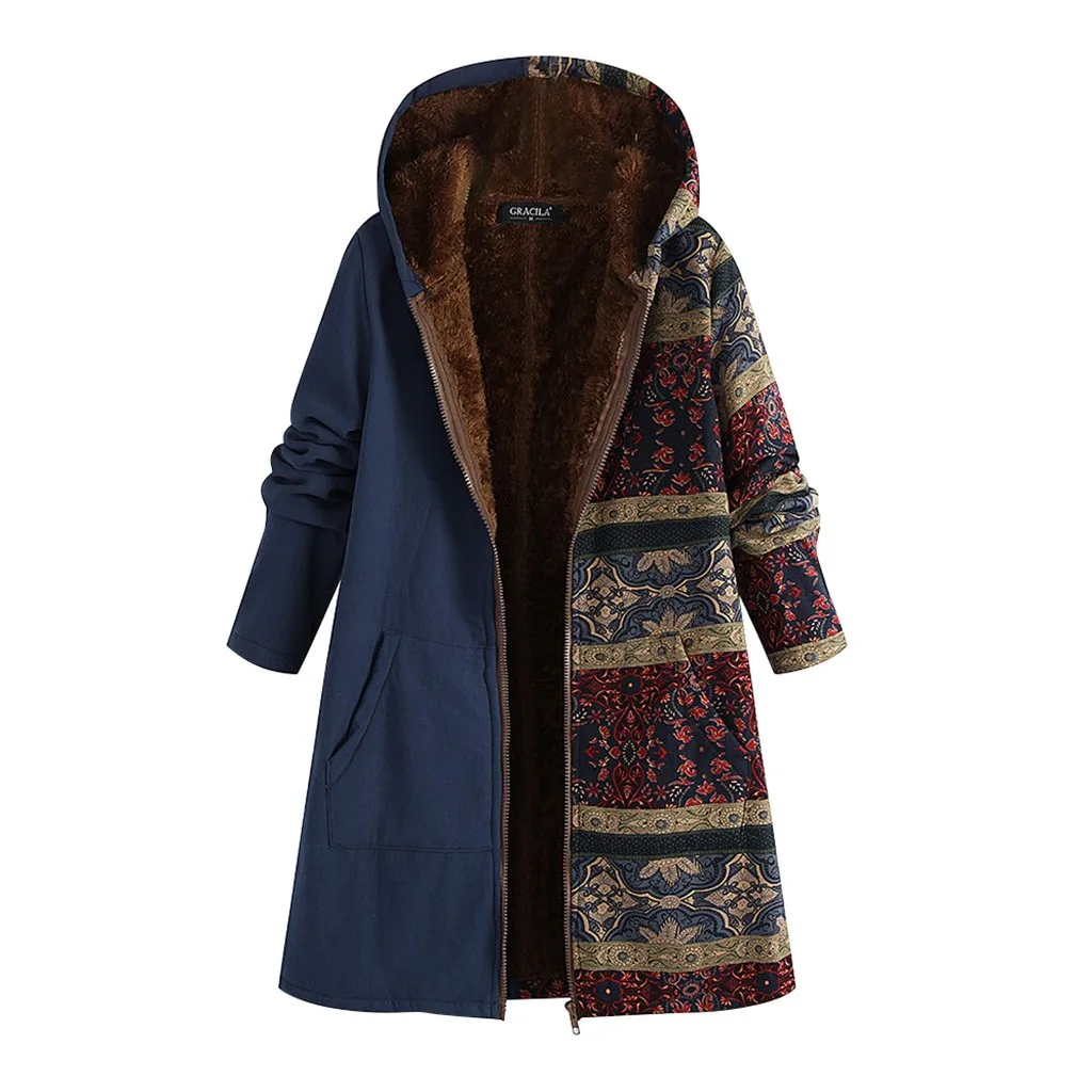 Женское пальто зимнее повседневное с цветочным принтом теплое на молнии