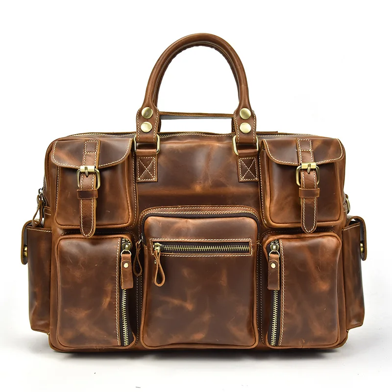 Leather retro briefcase men's leather handbag multi-pocket travel bag natural leather shoulder bag computer bag