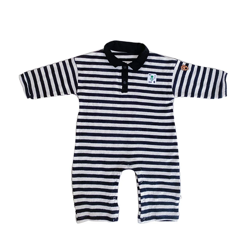 

Весенний хлопковый полосатый комбинезон для новорожденных мальчиков Повседневный цельный комбинезон с отложным воротником и длинным рука...