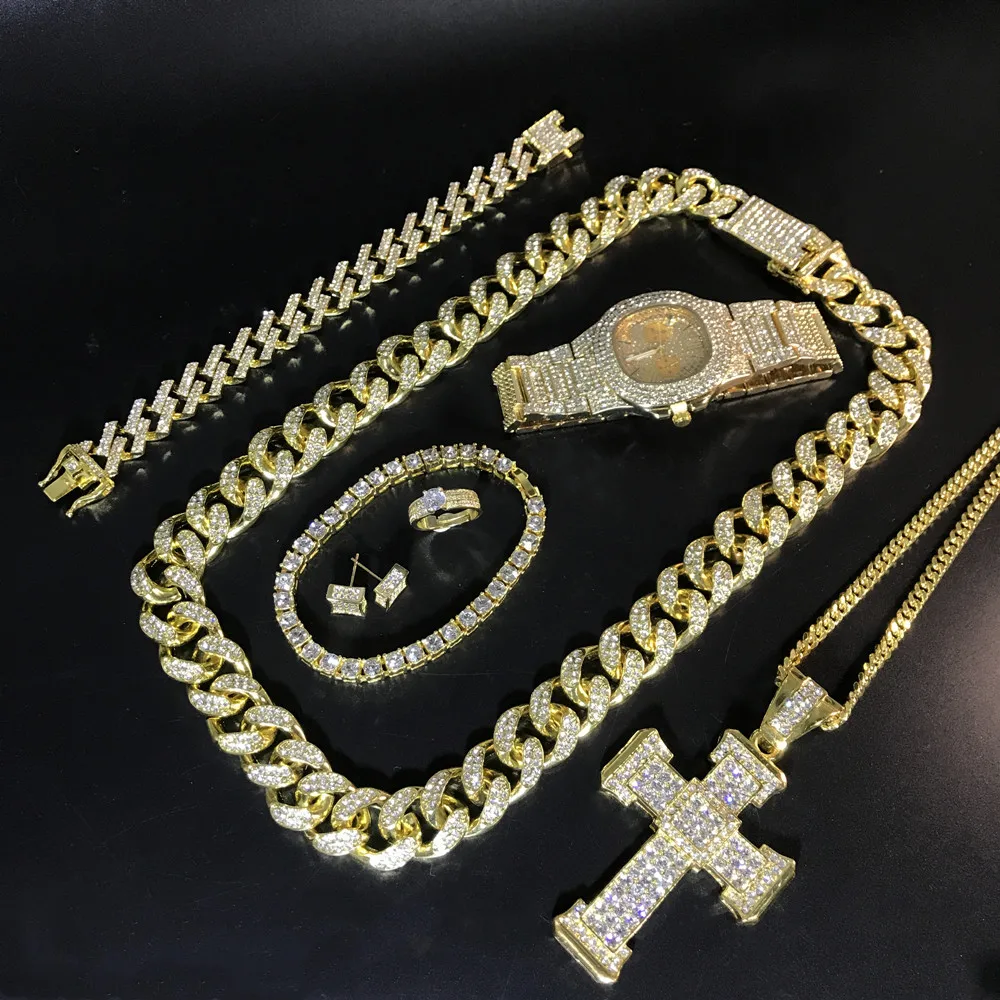 Ожерелье из кубинской цепи для мужчин в стиле хип-хоп, Роскошные мужские часы, браслет, кольцо и серьги, Модная бижутерия в стиле хип-хоп для ...