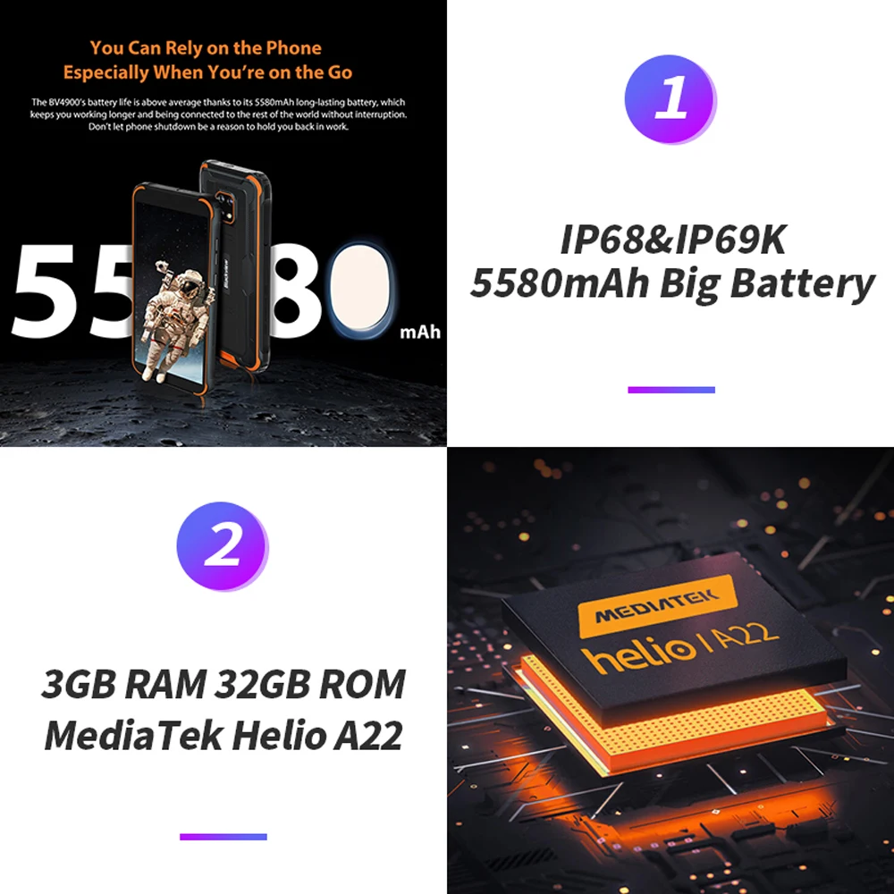 Blackview BV4900 IP68 Waterproof Smartphone Android 10 NFC Cellphone  5.7'' inch 3GB+32GB 5580mAh Rugged Mobile Phone
