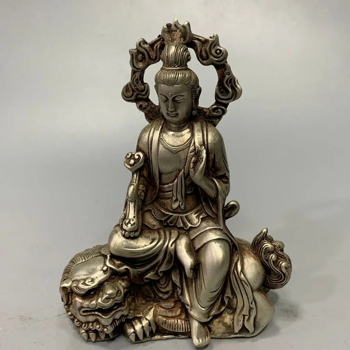 

Collect China Fine Workmanship Tibetan Silver White Copper Sculpture‘Manjusri Guanyin Buddha’ Metal Crafts Home Decoration