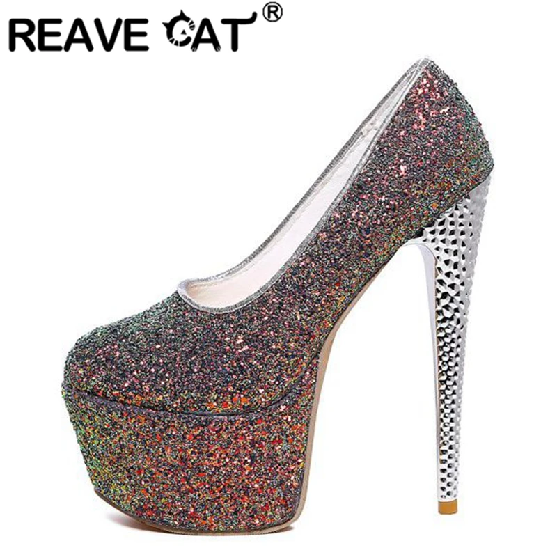 

REAVE CAT Fashion Platform Pumps Lady Round Toe Thin Heels Glitter Leather Slip On Big Size 33-48 Black Pink Yellow Spring S2837