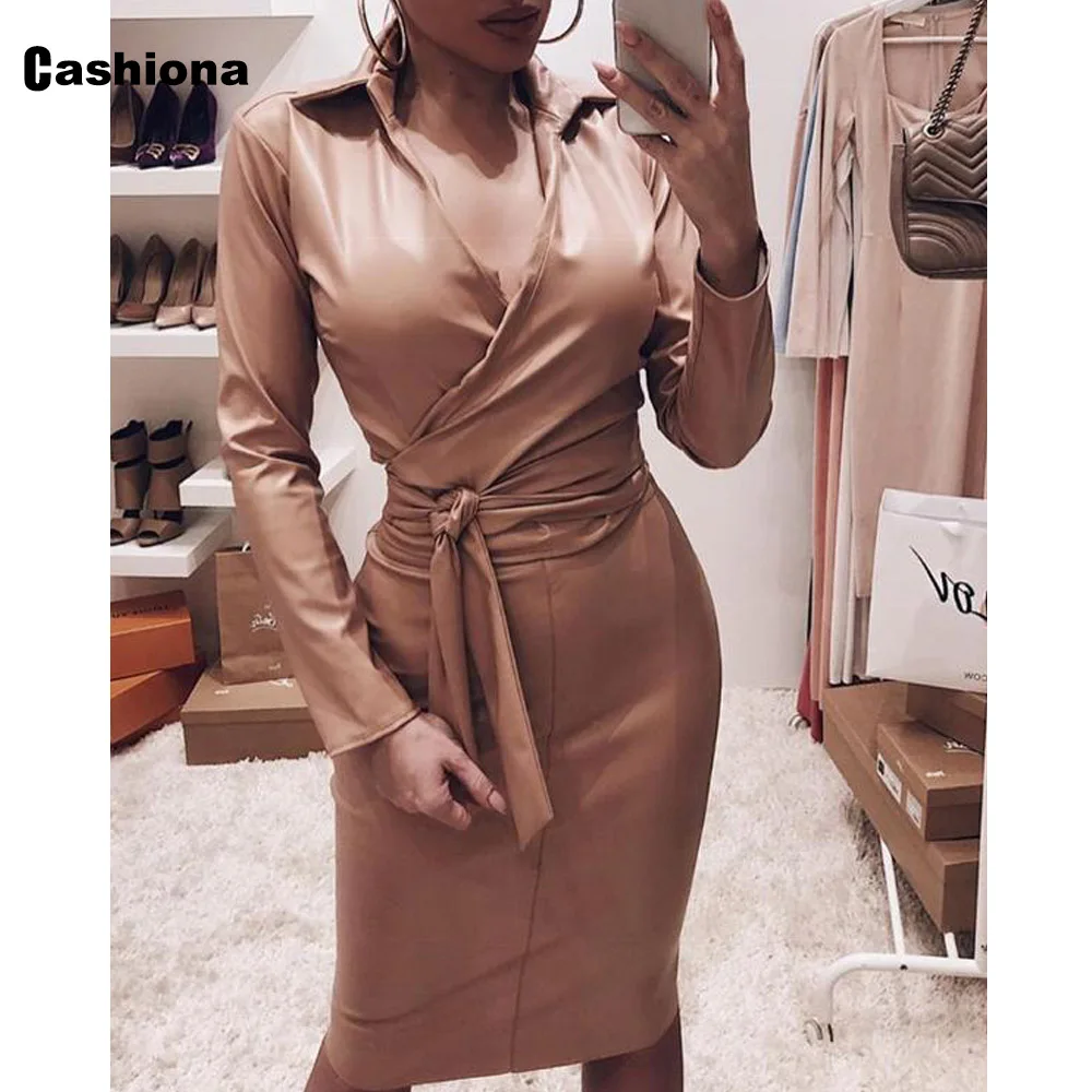 

Aimsnug Women Sexy Faux Pu Dress 2021 Spring Autumn Long Sleeve Party Bodycon Dresses with Belt Femme Vintage Knee-Length Dress