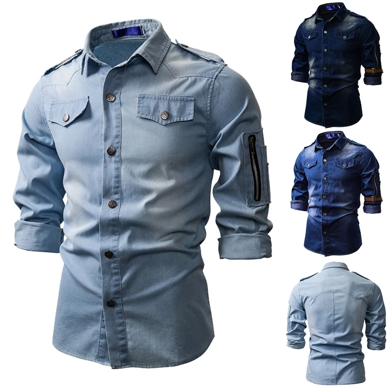 

Homens Jeans Camisa Outono Camisas De Manga Comprida Casual Slim Retro Denim Tops