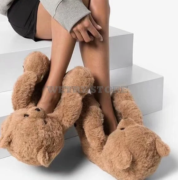 

Plush Teddy Bear House Slippers Brown Women Home Indoor Soft Anti-slip Faux Fur Cute Fluffy Pink Slippers Women Winter Warm Shoe