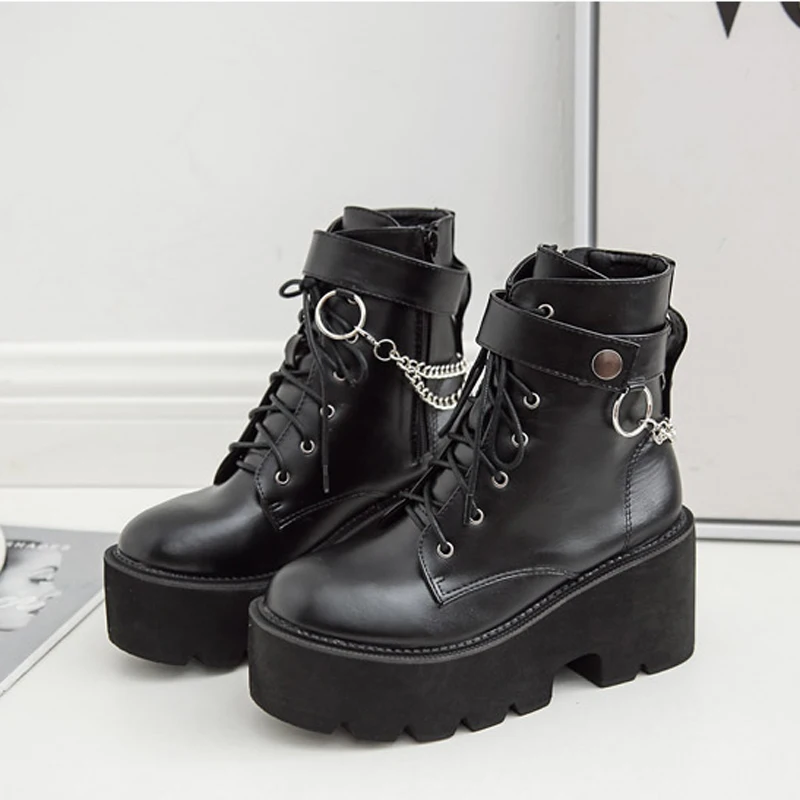 

New Metal Chains Chunky Platform Women's Boots Round Toe Martin Boots Women Winter Black Punk Goth Boots Women's