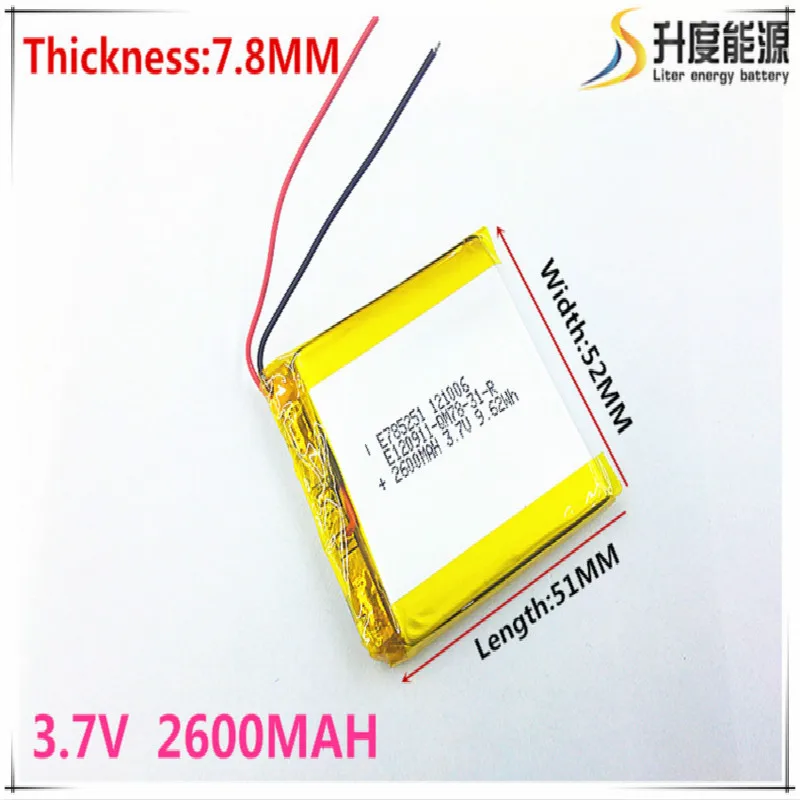 

Free shipping Polymer battery 2600mah 3.7V 785251 smart home MP3 speakers Li-ion battery for dvr,GPS,mp3,mp4,cell phone,speaker