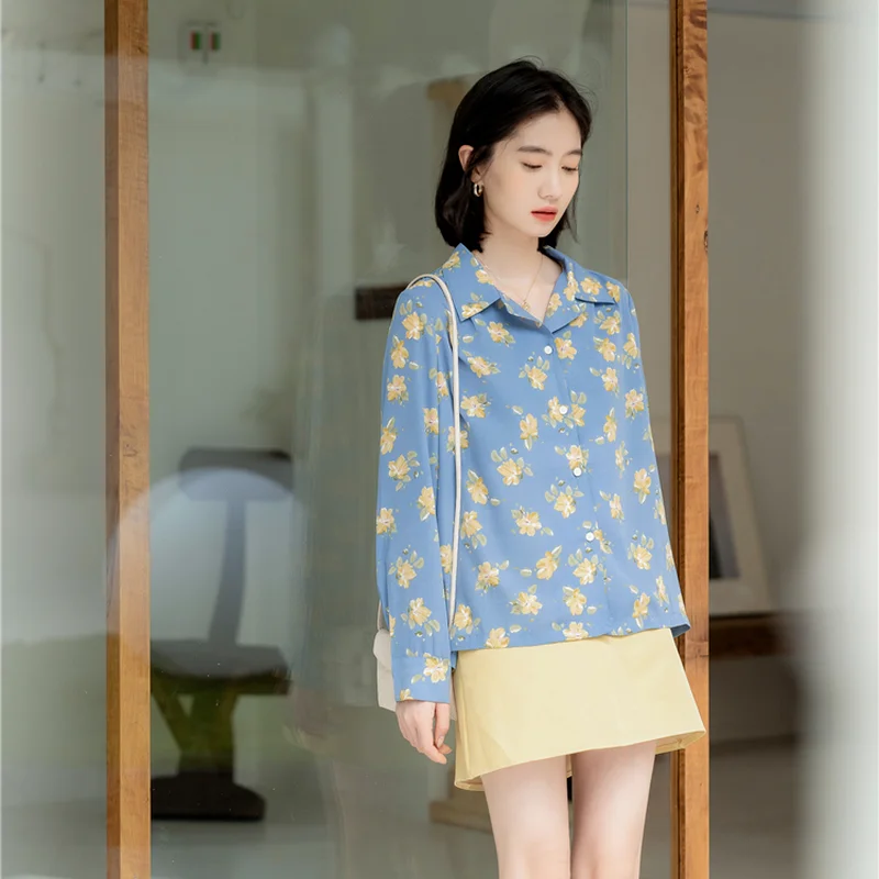 

Korejepo Women Blouse 2021 Autumn Korean Chic Retro Sweet Floral Chiffon Turn-down Collar Long Sleeve Printed Shirt Female Tops