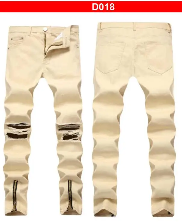 Men Jeans Slim Stretch Black Embroidered Big Hole Denim Pants Multi-Zip Jeans White Pattern Jeans Multiple Styles Size 28-42