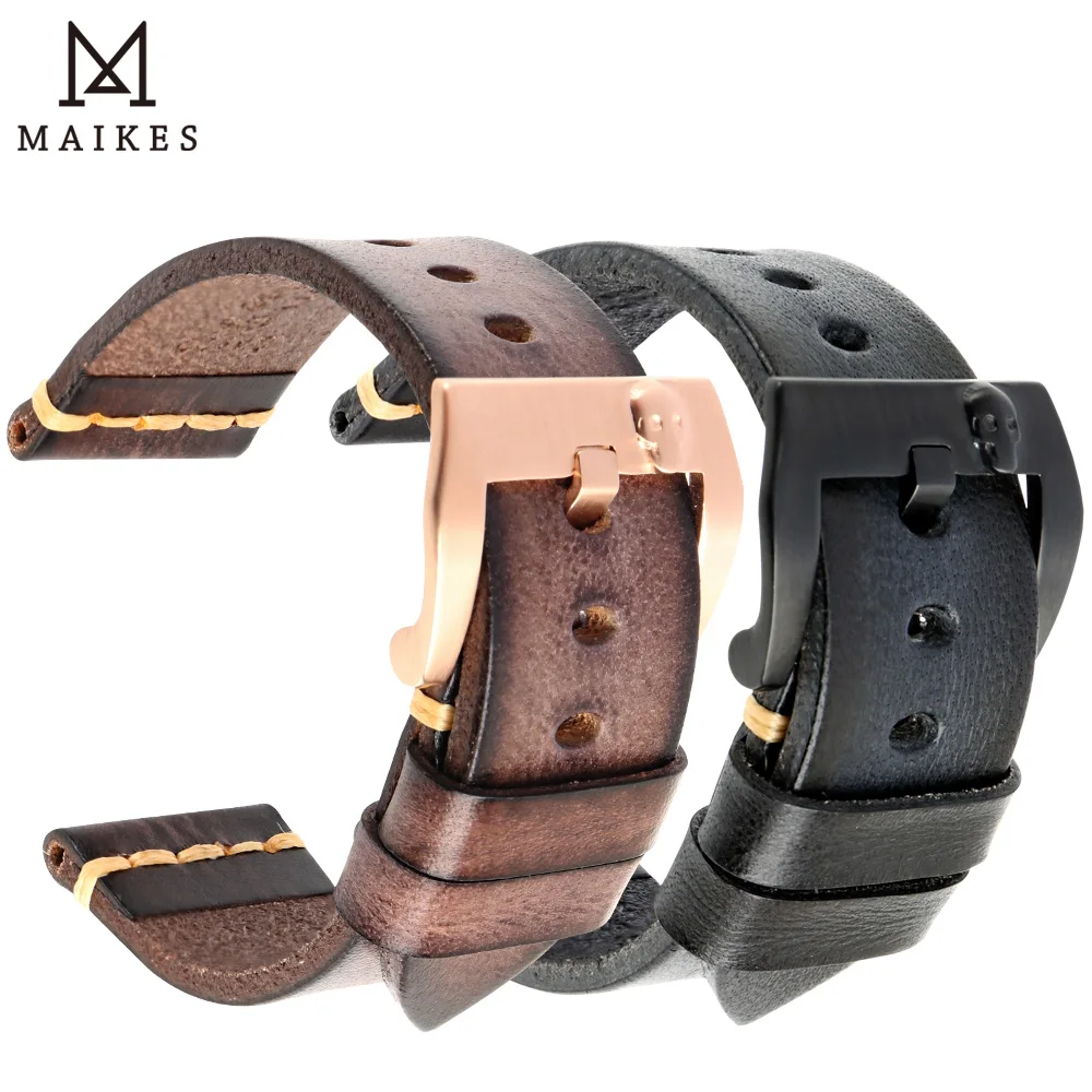 Maikes Watch Accessories Watchband  22mm 24mm Watch Strap Genuine Cow Leather Watch Bracelets Stainless Steel Style Skull Buckle