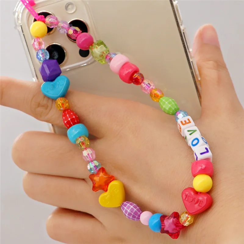 

Colorful Love Heart Bead Mobile Phone Chain Anti-lost Handmade Acrylic Phone Lanyard Cord Chains for Women Jewelry Accessories