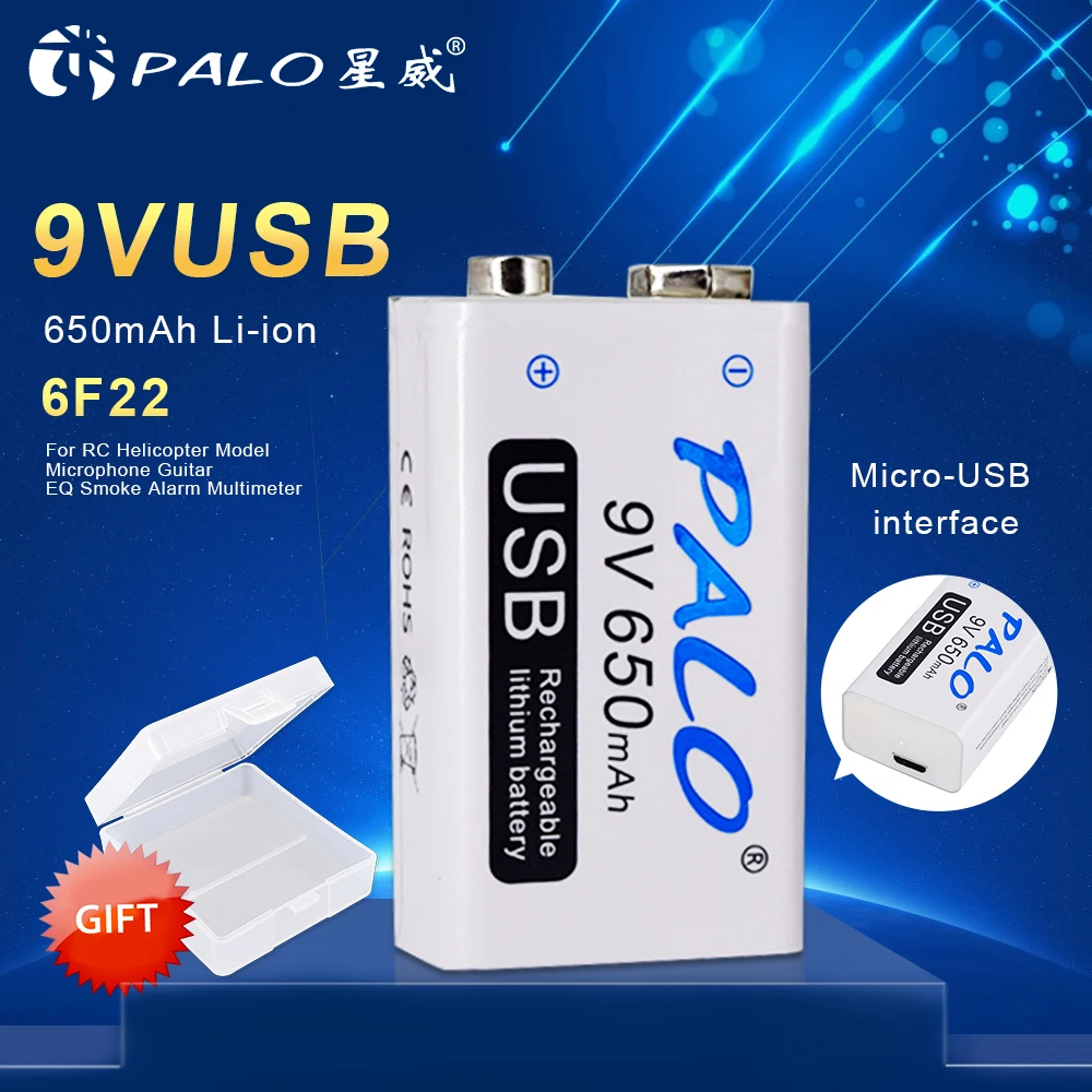 

16~30pcs PALO 9V Rechargeable Li-ion Battery 650mAh USB Portable Micro USB Batteries For RC Helicopter Model Microphone Bateria