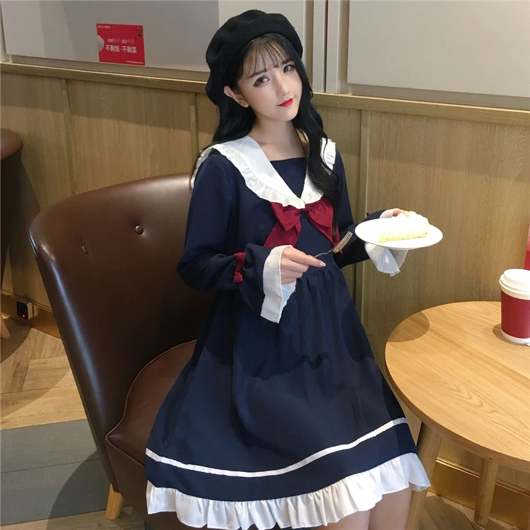

Japanese Sweet lolita style Elegant blue Women Dress 2020 Autumn winter Preppy Style Sailor Collar bow Mid-Calf Ladies Dresses