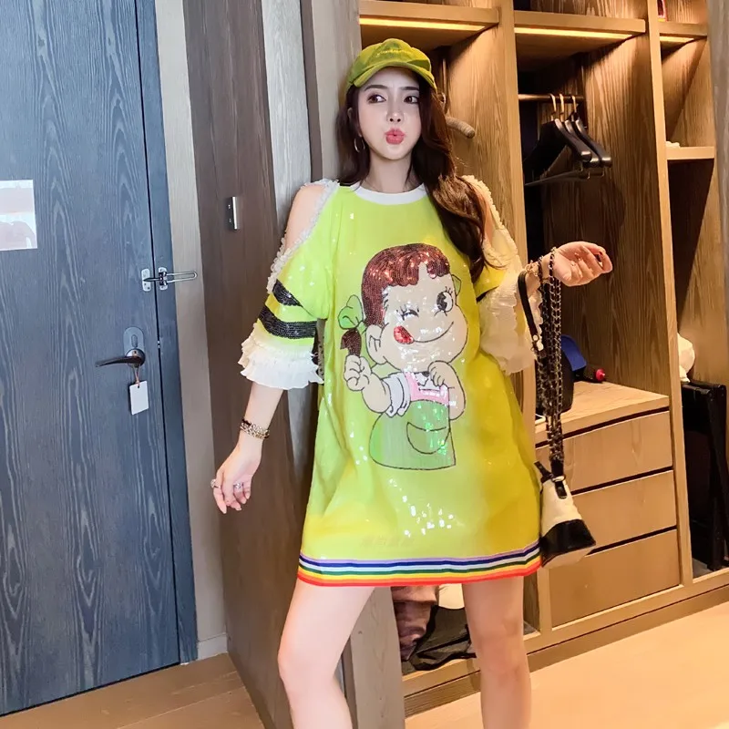 

Kawaii Anime Oversized Women‘S T-Shirt Street Wear 2021 Summer Cartoon Print Short Sleeve Female Top Cute Sequins Girls Tees