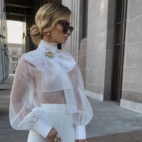 free shipping sexy women see through shirt top lace up collar design lantern long sleeve turtleneck white slim pullover 2020 new