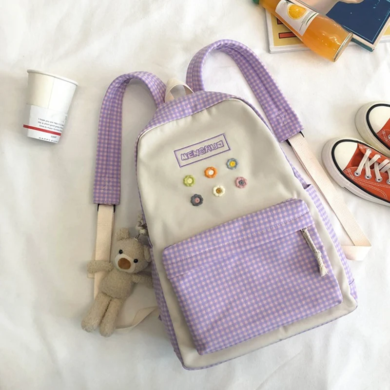 

Embroidered Small Fresh Plaid Bag Hit Color Girl All-Match Student Backpack Junior High School Student Backpack