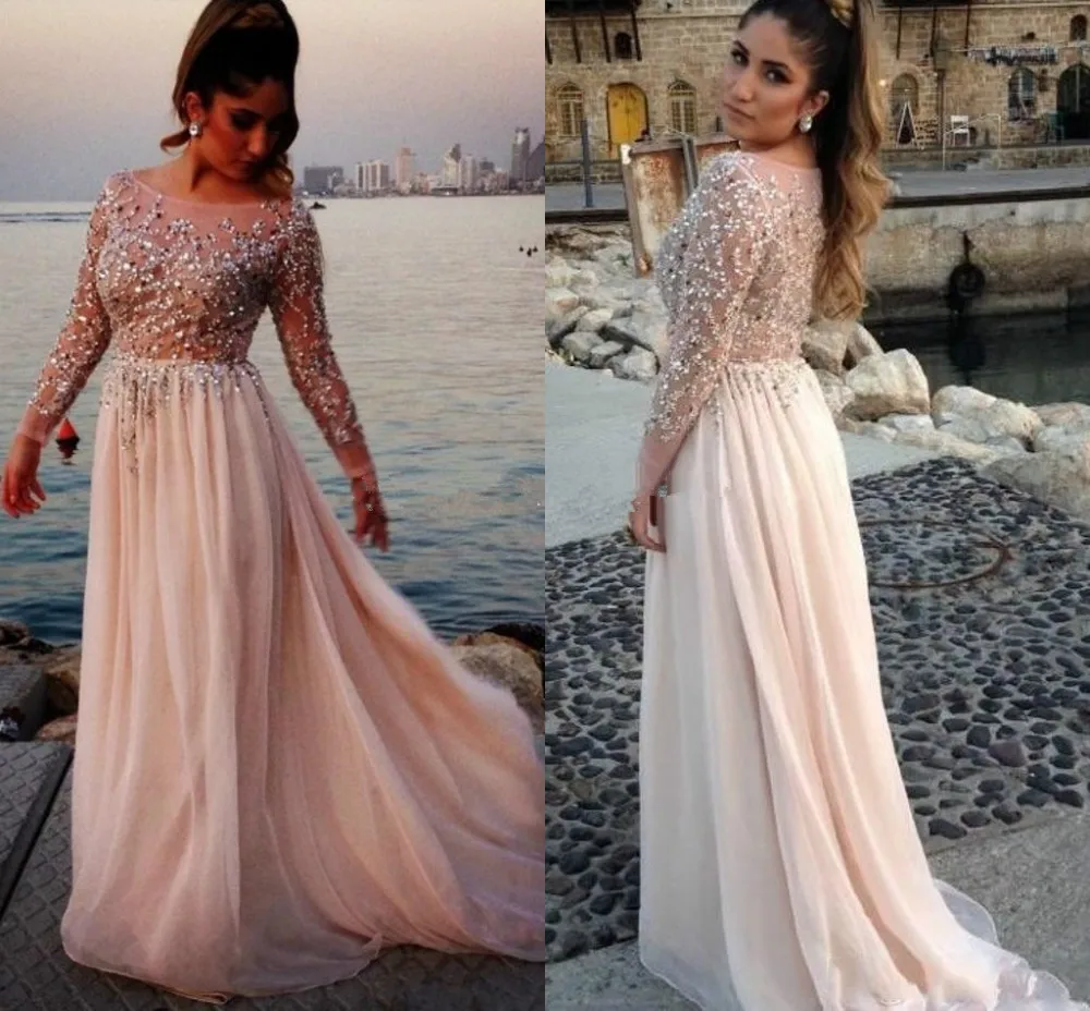 

Elegant Chiffon Long Evening Dress Long Sleeve prom dresses 2015 Formal party gown Women vestidos para festa Crystals beading
