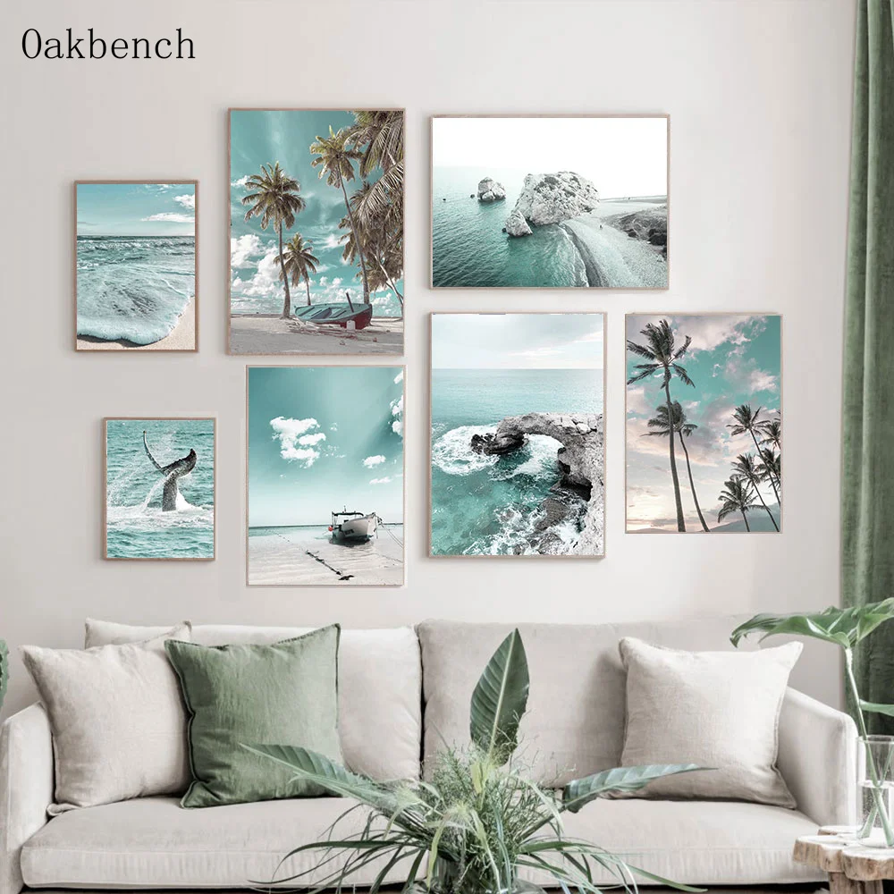 

Морской пейзаж на стену художественная живопись риф волны настенный плакат пляж Пальма холст печать лодка плакаты скандинавские настенные...
