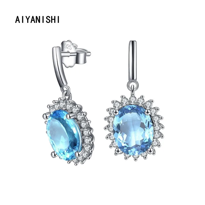 

AIYANISHI 925 Sterling Silver Dangle Earrings Halo Blue Oval Earrings Wedding Engagement Silver Chandelier Drop Earrings Gifts