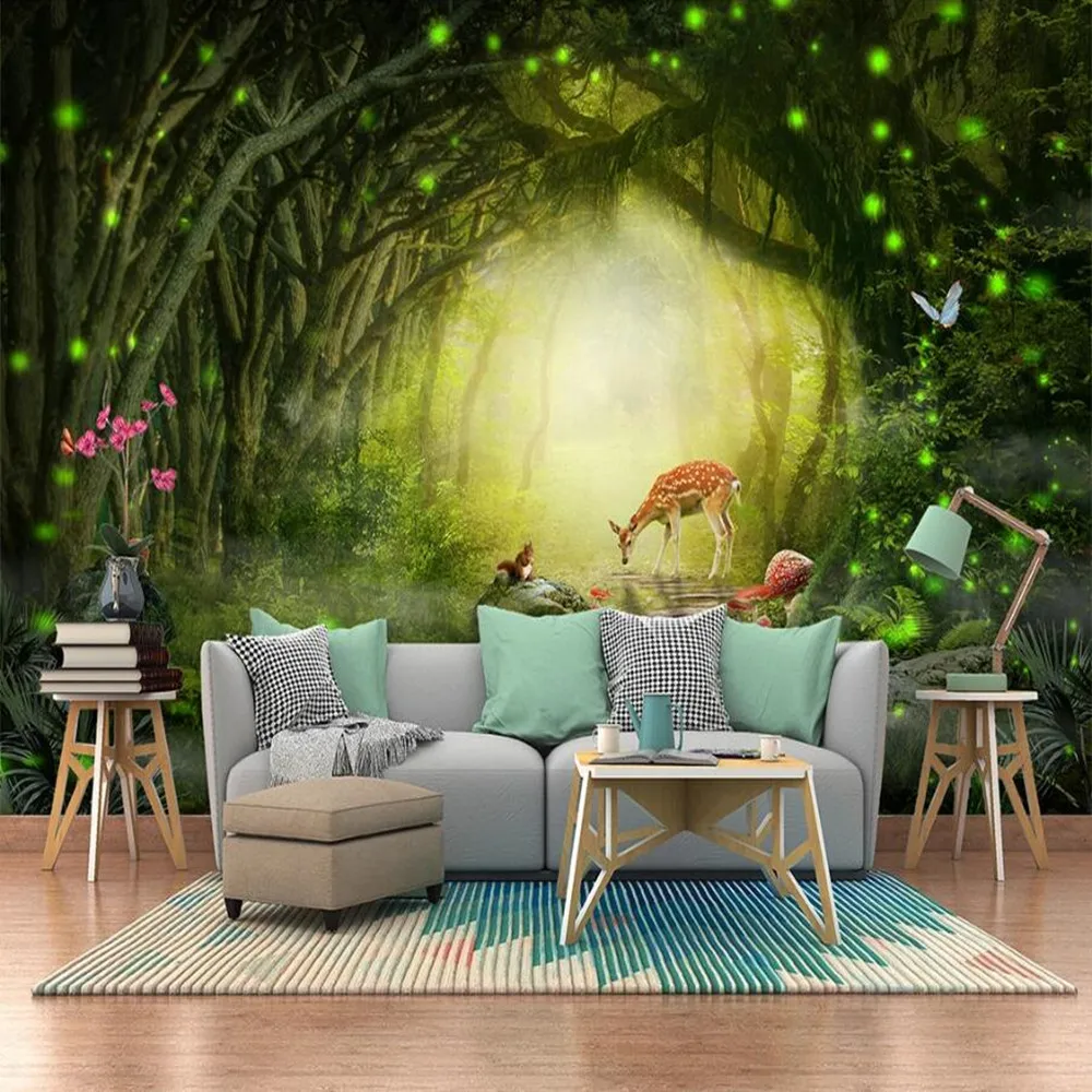 

milofi custom large wallpaper mural 3D modern fantasy green forest elk squirrel TV background wallpaper mural